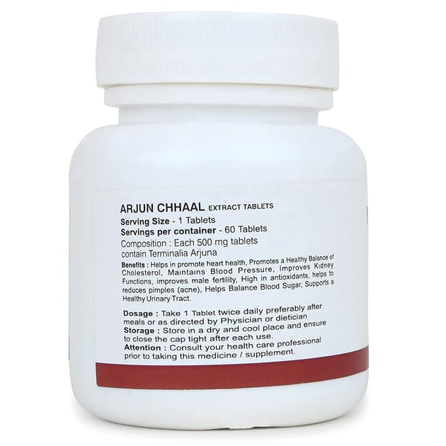 Arjun Chhaal Extract Tablets back label with composition and dosage