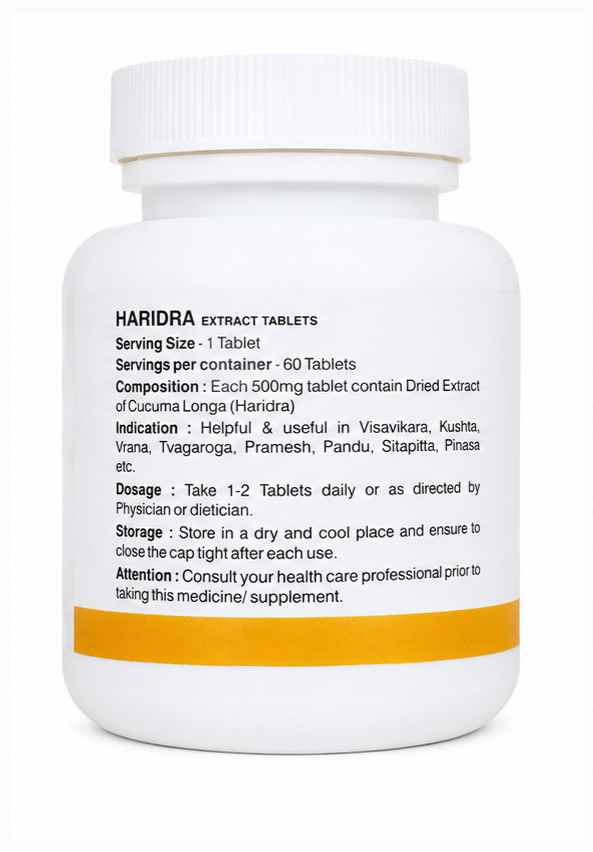 Haridra Extract Tablets back label – composition, dosage and storage